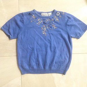 90s Vintage Floral Embroidered Beaded Alfred Dunner Short Sleeve Blue Knit Top